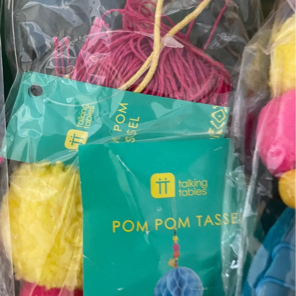 Talking Tables Pom Pom yarn Tassels beads decor set of 4 NWT for car, home, etc.